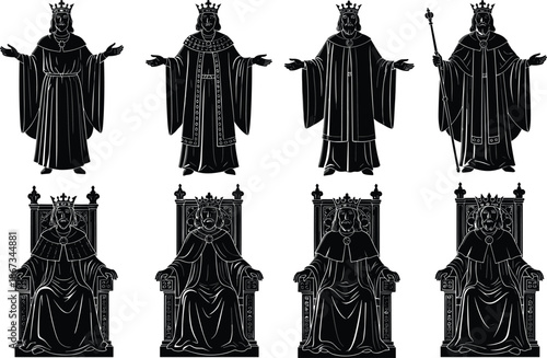 Ancient Chinese emperor statue silhouette set with royal throne figures, historical mythology illustration collection black vector artwork