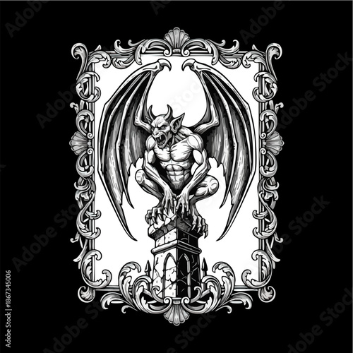 Ornate Gothic Gargoyle Illustration in Baroque Frame