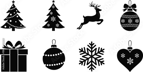 Christmas holiday silhouette icon set with tree reindeer gift ornament snowflake and heart decorations, festive winter symbols black vector