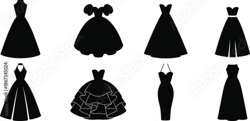 Women dress silhouettes set, elegant fashion gowns collection, black clothing icons, female apparel illustration, isolated on white background vector design