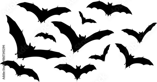 Spooky Silhouette Bats Flying in a Swarm Against a White Background Perfect for Halloween and Horror Themes