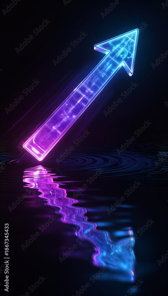 Obraz premium Neon arrow glows above water, casting vibrant purple-blue reflection. Futuristic, sleek design against dark background.
