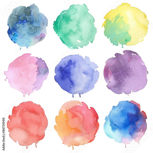 Set of nine circular watercolor blots in various soft and vibrant hues, ideal for creative backgrounds, textures, and artistic designs.