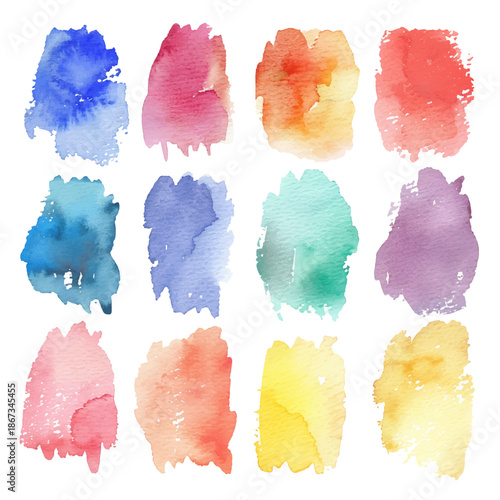 Collection of twelve colorful watercolor brush stroke textures on white background, perfect for design elements, backgrounds, and templates.