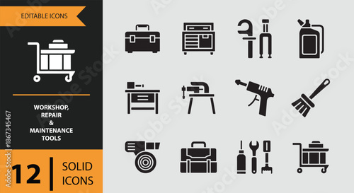 Solid icons of essential workshop, repair, and maintenance tools for various tasks
