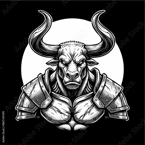 Aggressive Bull Warrior in Heavy Armor Monochrome Illustration
