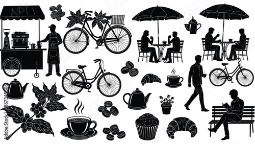 Black silhouette illustrations of people enjoying coffee and bicycles in a city setting with cafes and outdoor seating areas with leisure