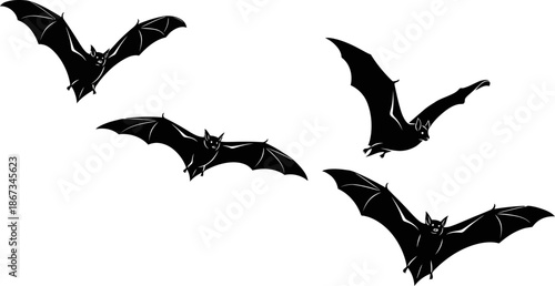 Mysterious Flock of Bats Flying in Silhouette Against White Background Spooky Halloween Night Illustration