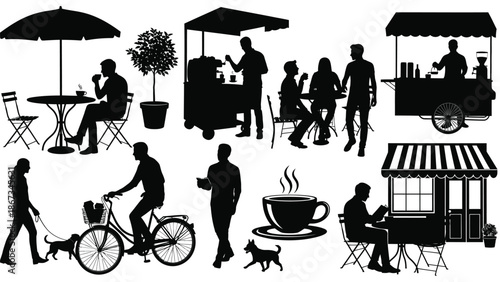 Black silhouettes of people enjoying coffee and food at outdoor cafes and street carts with tables umbrellas and bicycles with dog and cup