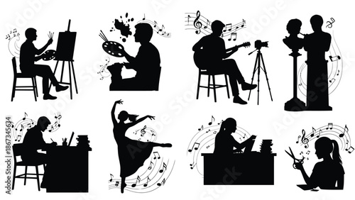 Silhouette illustrations of people engaging in various artistic activities with musical notes with creative and graphic and resources and hobbies
