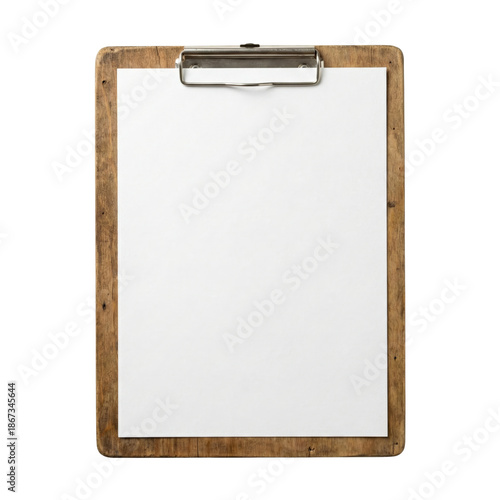 Foto Rustic vintage wooden clipboard with blank white paper