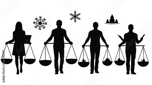 Four silhouetted people holding scales with various objects including a laptop snowflakes and trees representing balance and harmony in different aspects of life