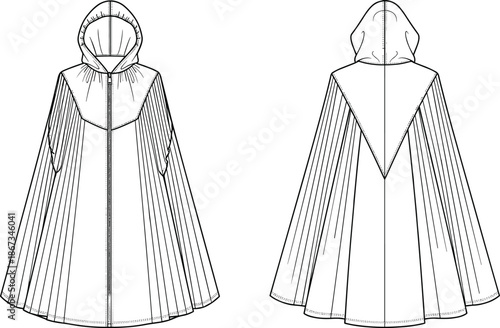 Hooded cloak technical fashion sketch front and back view, medieval cape garment outline for costume apparel design illustration