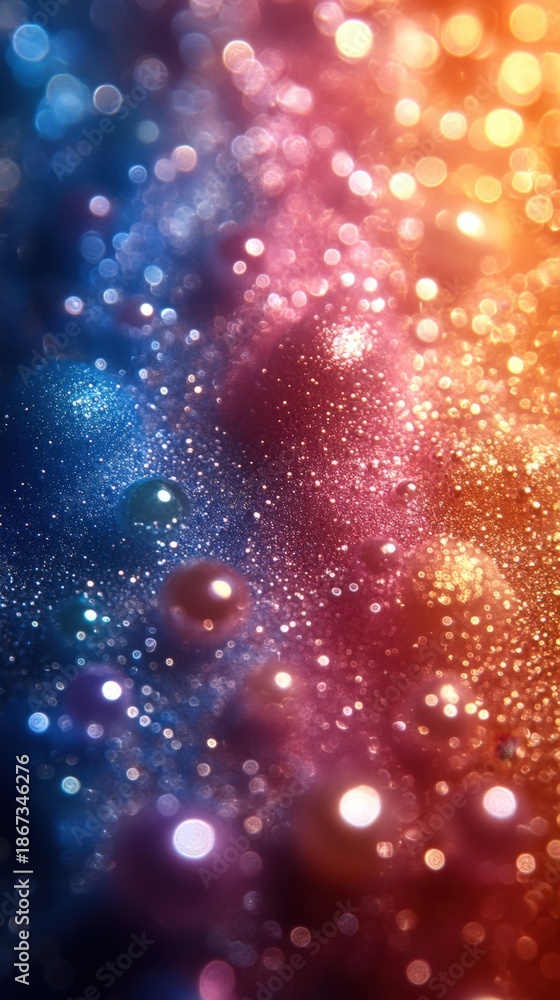 Fototapeta premium A vibrant abstract background features a dense cluster of bokeh lights in blue, pink, and orange, creating a sense of depth.