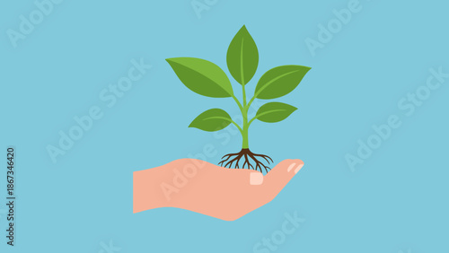 Hand Nurturing Young Plant with Roots on light blue background