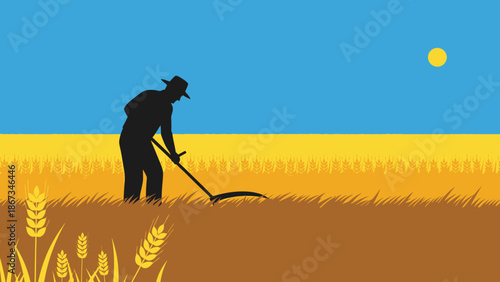 Farmer Silhouette Harvesting Wheat with Scythe in a Golden Field under Blue Sky