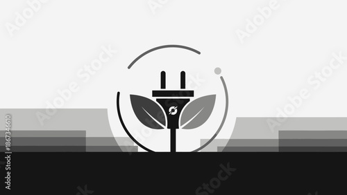Green Energy Concept with Electric Plug and Leaf Symbol on a Minimalist Grey Background.