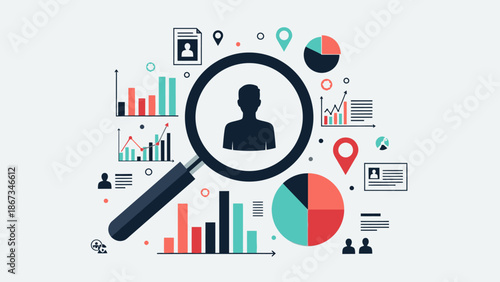 Human Resources Recruitment Process with Magnifying Glass and Data Analytics on Isolated White Background.