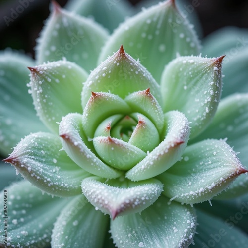 Macro Close-up of Succulent Plant with Tiny Dew Drops on Green Leaves for Nature Wellness and Skincare Concept