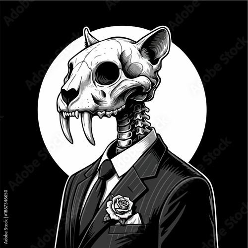 Saber-toothed Cat Skull in Formal Suit Black and White Art