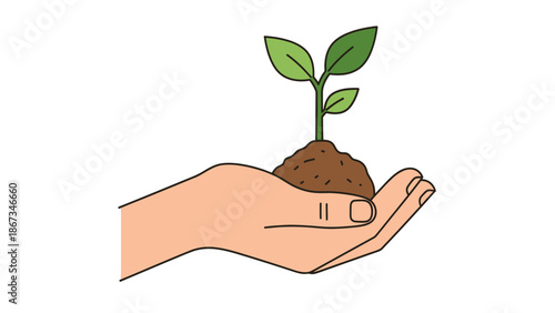 Human Hand Holding a Small Green Plant Sprouting from Soil on Isolated White Background