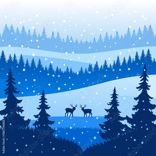 Serene winter landscape with deer in snowy forest at dusk