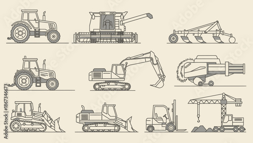 Line Art Collection of Heavy Construction and Agricultural Machinery Vehicles on a Bright Studio Background