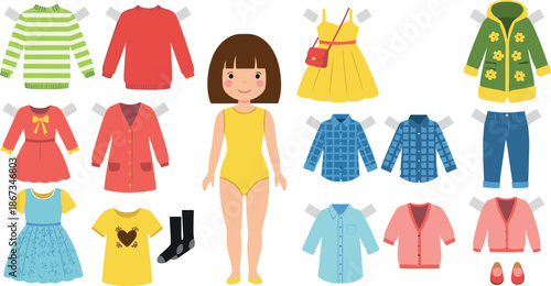 Vector Illustration of a Paper Doll Girl with Mix and Match Clothing Set