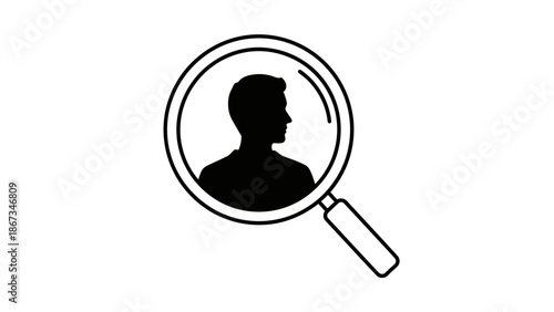 Magnifying glass focused on a person's silhouette, representing user search or HR recruitment concept on isolated white background.