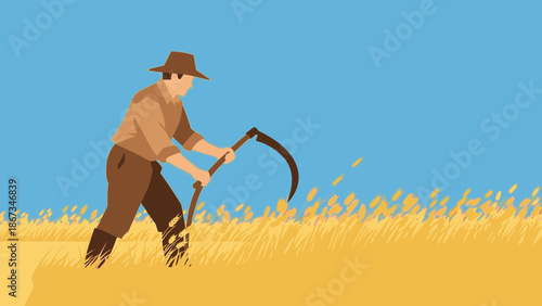 Diligent Farmer Harvesting Golden Grain with a Scythe in a Sunlit Wheat Field Under Blue Sky