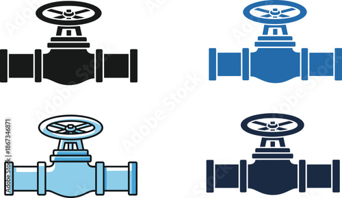 Industrial pipe valve icon set in different colors, water gas oil control equipment illustration for engineering design vector