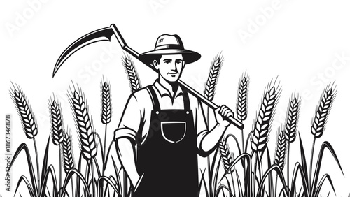 Black and White Illustration of a Diligent Farmer Holding Scythe in a Wheat Field, Depicting Traditional Harvest