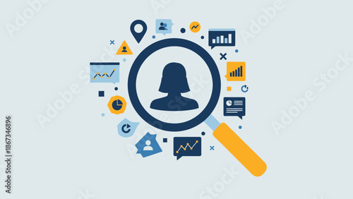 Magnifying Glass Searching for User Profile Icon with Data and Social Media Elements in Bright Studio Setting