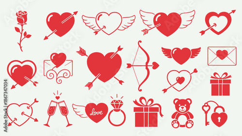 Vector illustration of a red heart balloons set in a cute seamless pattern design for a romantic Valentine Day holiday card celebration or wedding gift decoration