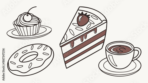 Delicious assortment of sweet treats including cake, cupcake, donut, and coffee.