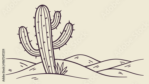 A solitary saguaro cactus stands tall in a minimalist desert landscape with rolling sand dunes.