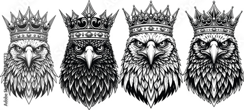 Majestic eagle head illustration with royal crown set, detailed heraldic bird artwork for luxury emblem tattoo design vector