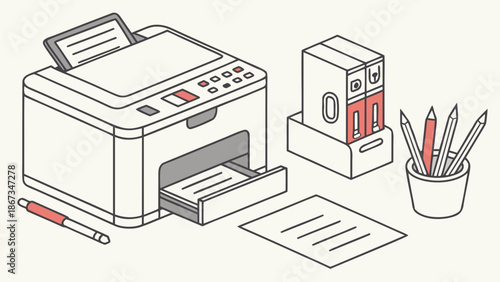 Clean illustration of office supplies on a desk, featuring a printer, paper, pens, and binders.