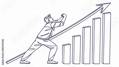 Determined individual pushing upwards on a rising bar chart, symbolizing growth and success.