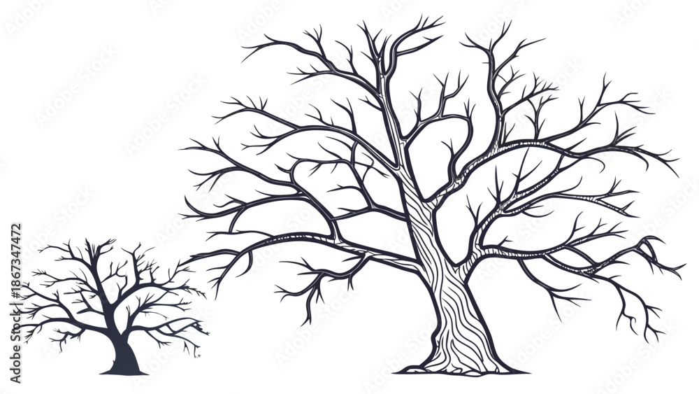 Obraz premium Silhouetted bare trees stand against a stark background, one small sapling and one large mature tree.