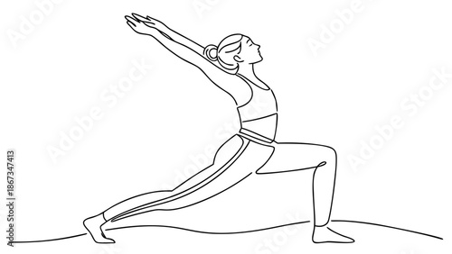 Graceful woman in yoga pose, embodying strength and balance with arms reaching upwards