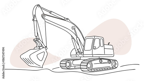 Detailed line drawing of a construction excavator machine ready for work