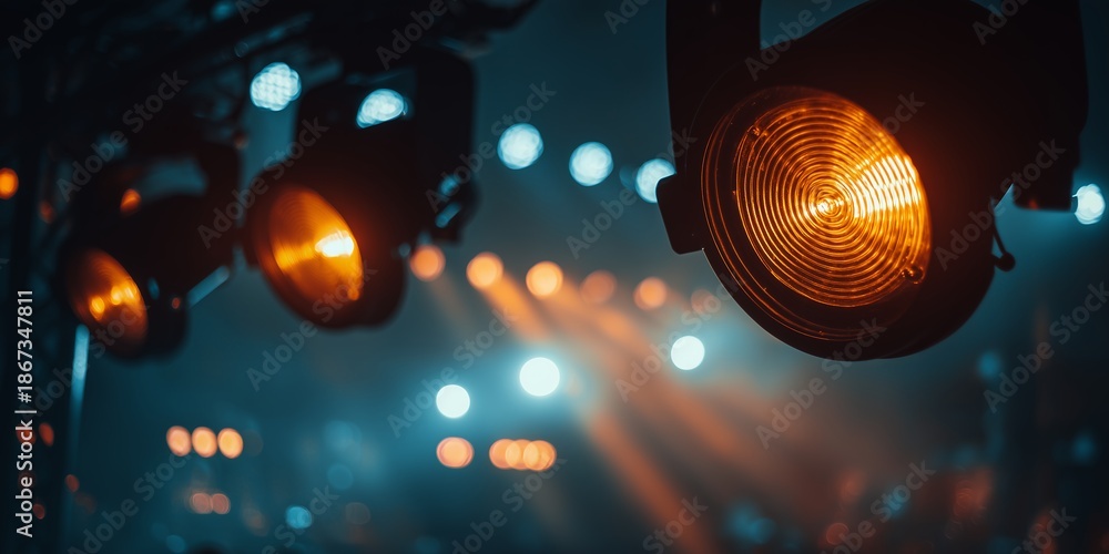 Fototapeta premium Close-up of professional stage lighting fixtures emitting warm orange glow amidst abstract blue bokeh background and haze, concept for music concerts, nightclub events and theatrical performances