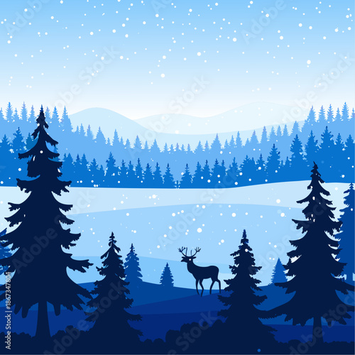 Serene winter landscape with deer in snowy forest at dusk