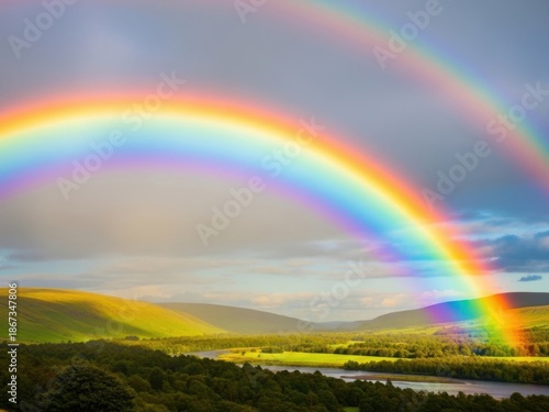 Vibrant rainbow over rolling hills.