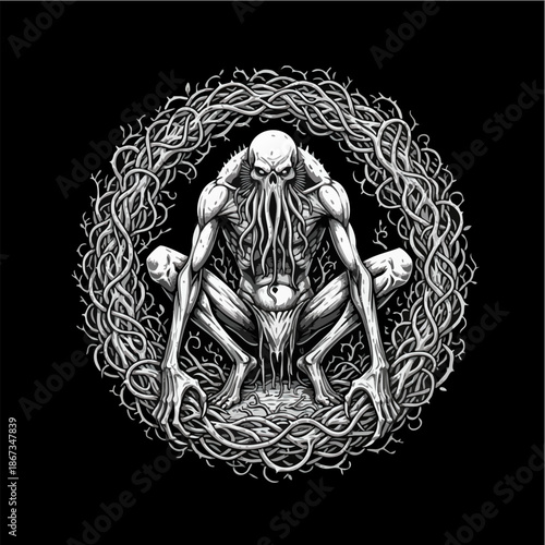 Dark Horror Tentacled Creature Illustration on Black Background