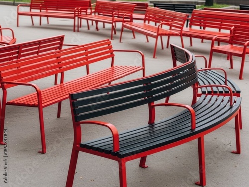 Modern outdoor seating area with curved bench.
