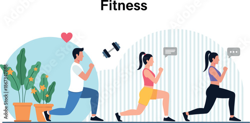 Vector Illustration of People Doing Lunges for Indoor Fitness Training