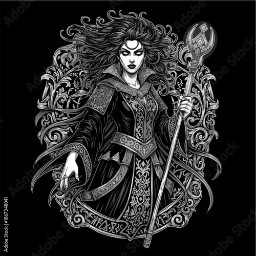 Dark Fantasy Sorceress Queen with Magical Staff Illustration