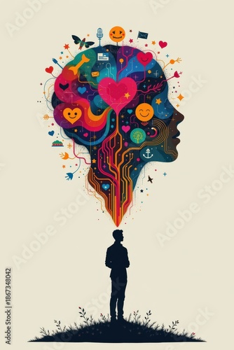 a portrait oriented creative depiction of emotional intelligence, showing abstract symbols of empathy and communication ascending around a calm human silhouette.